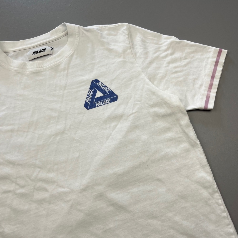 Palace T-Shirt Mens XL White Blue Tri-Ferg Logo Pink Striped Trim Streetwear